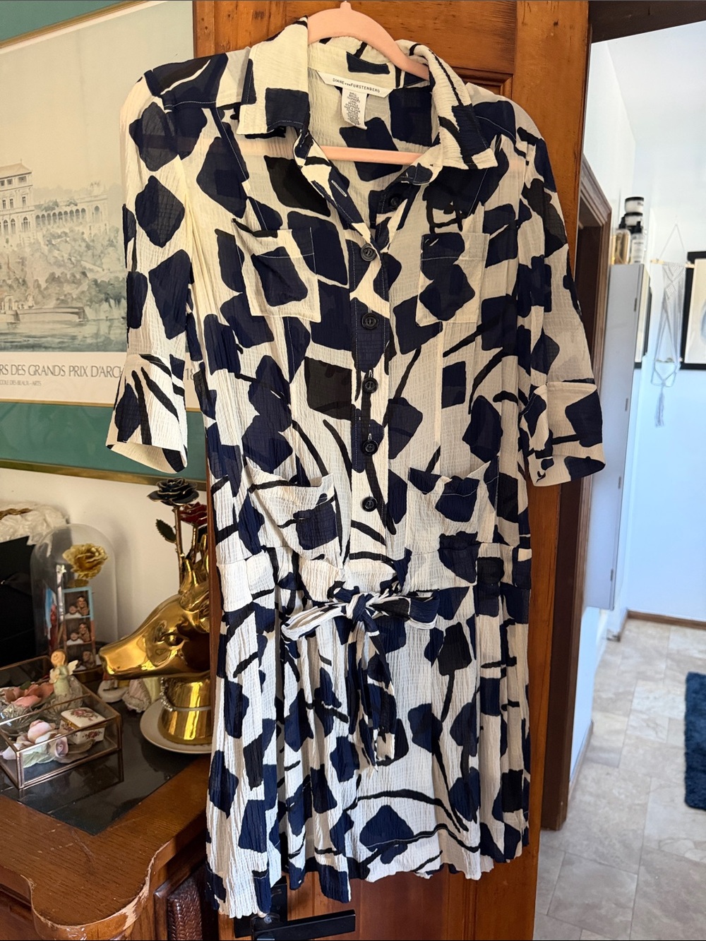 Diane Von Furstenberg Navy and White Printed Midi Shirtdress